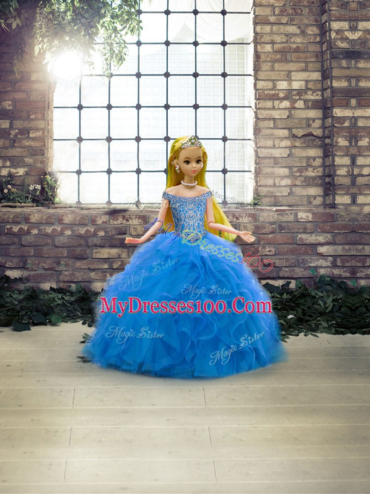 Sweet Tulle Sleeveless 15 Quinceanera Dress Brush Train and Beading and Ruffles