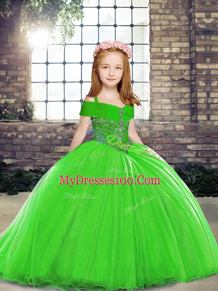 High Quality Green Sleeveless Brush Train Beading Pageant Dress for Womens