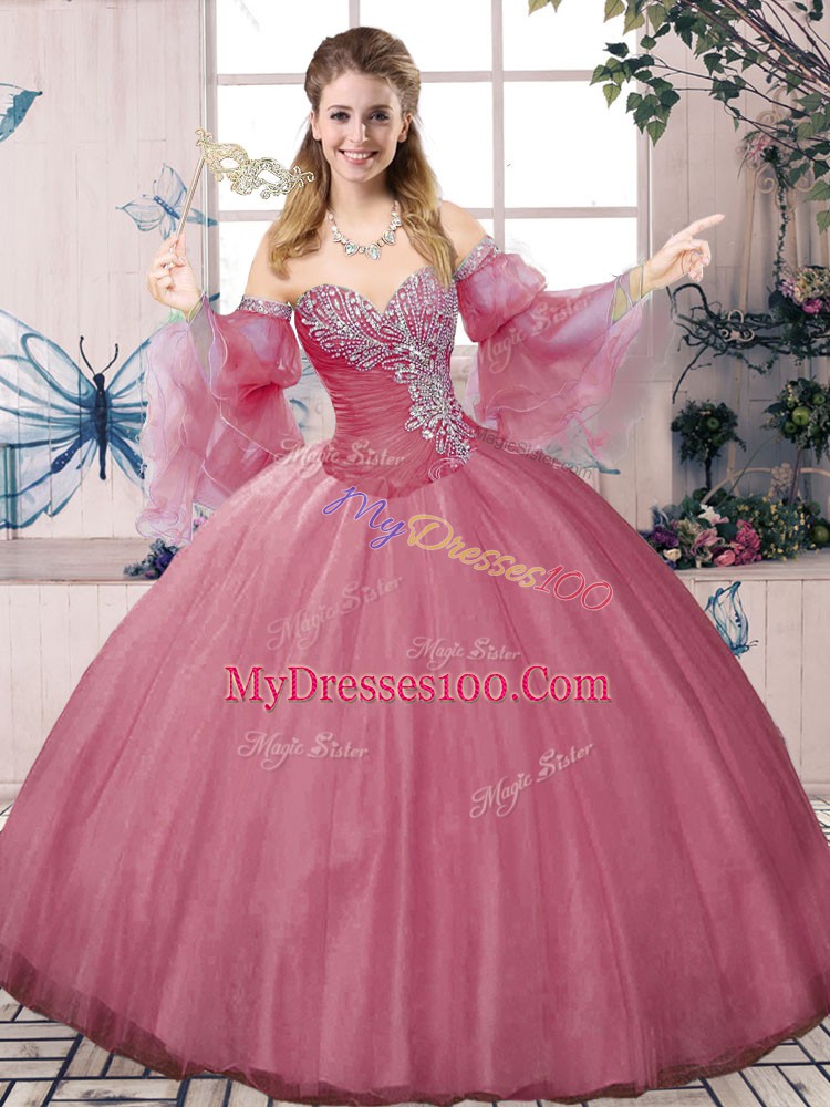 Sexy Pink Ball Gowns Tulle Sweetheart Sleeveless Beading and Ruching Floor Length Lace Up Quinceanera Dress