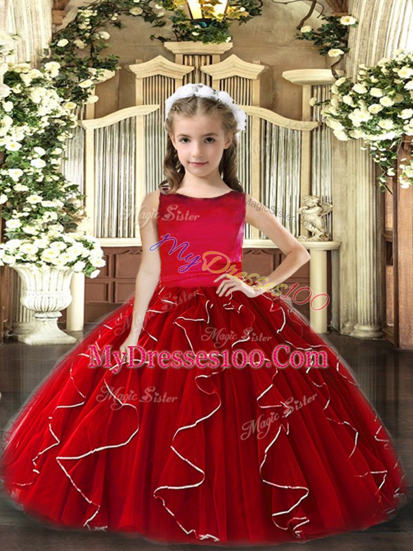 Tulle Scoop Sleeveless Lace Up Ruffles Pageant Dress Womens in Red