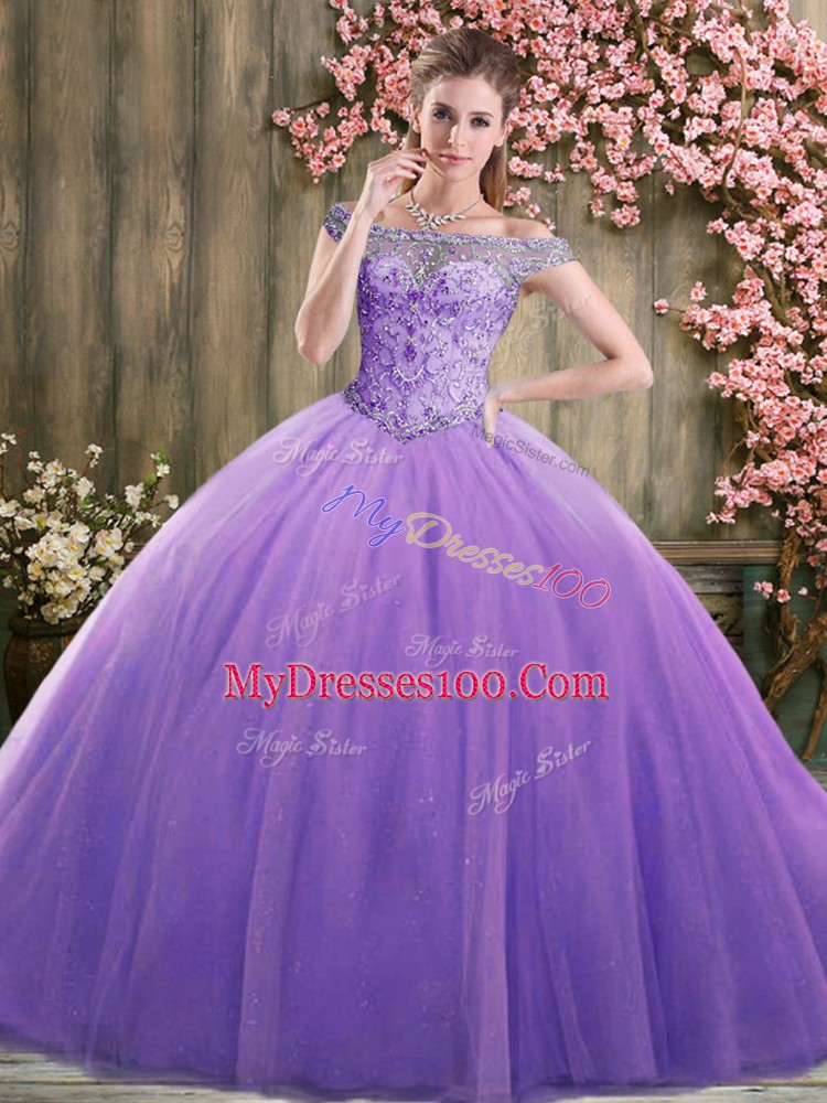 Ideal Tulle Off The Shoulder Sleeveless Lace Up Beading Quinceanera Dresses in Lavender