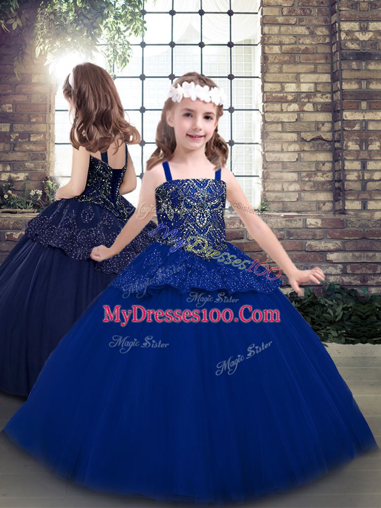 Perfect Sleeveless Tulle Floor Length Lace Up Girls Pageant Dresses in Blue with Beading