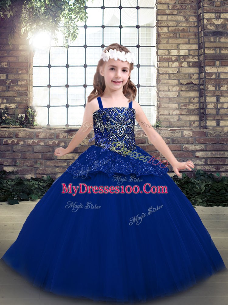 Perfect Sleeveless Tulle Floor Length Lace Up Girls Pageant Dresses in Blue with Beading