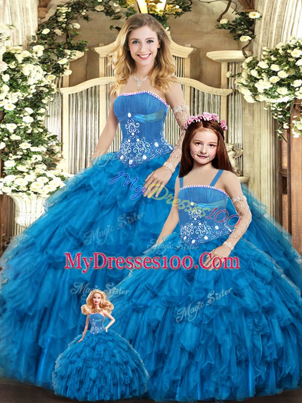 Trendy Blue Lace Up Strapless Beading and Ruffles Vestidos de Quinceanera Tulle Sleeveless