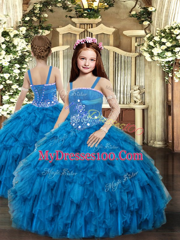 Trendy Blue Lace Up Strapless Beading and Ruffles Vestidos de Quinceanera Tulle Sleeveless