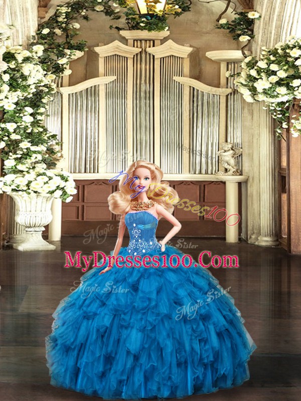 Trendy Blue Lace Up Strapless Beading and Ruffles Vestidos de Quinceanera Tulle Sleeveless