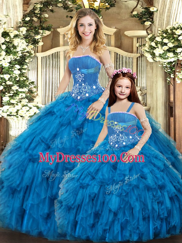 Trendy Blue Lace Up Strapless Beading and Ruffles Vestidos de Quinceanera Tulle Sleeveless