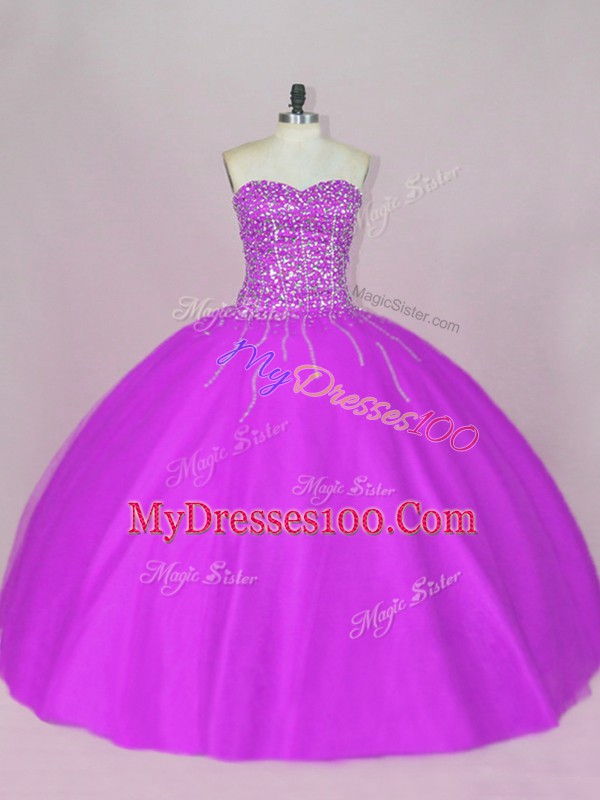 Purple Sleeveless Beading Floor Length Quinceanera Dresses