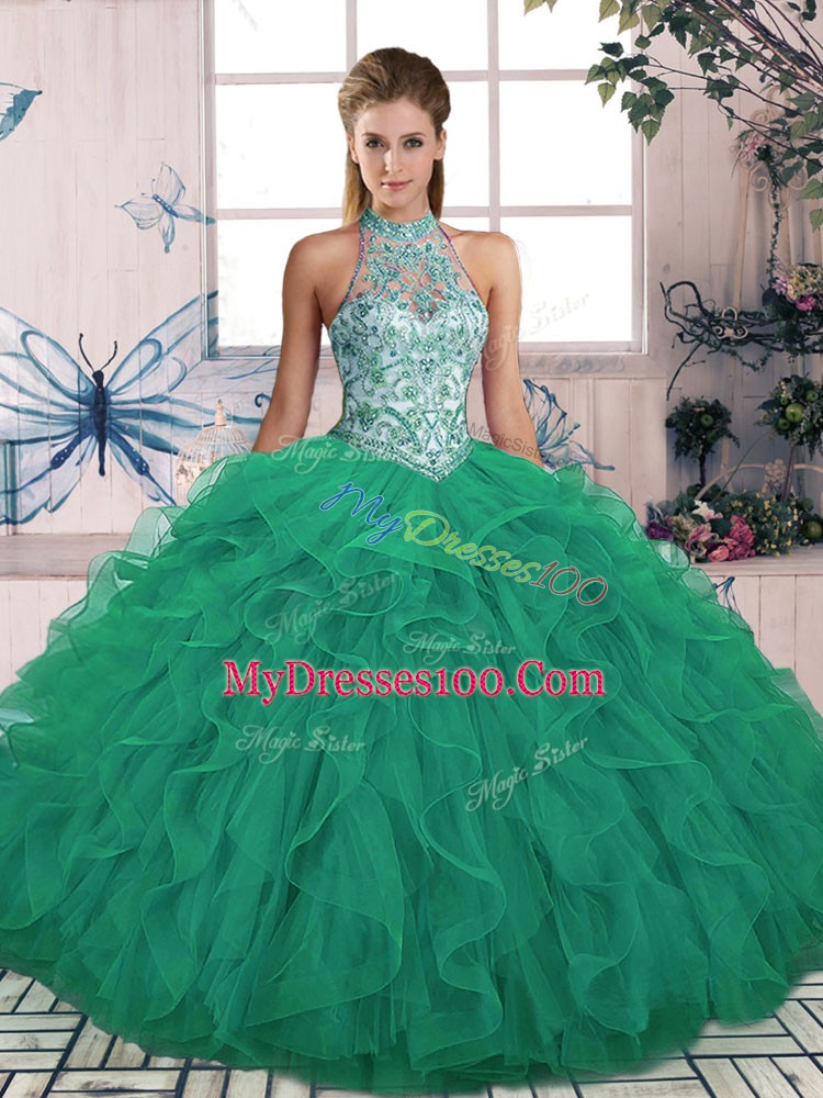 Fine Turquoise Sleeveless Beading and Ruffles Floor Length Quince Ball Gowns
