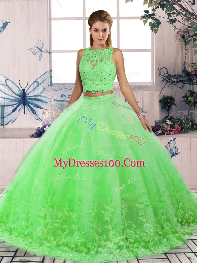 Fantastic Lace 15th Birthday Dress Green Backless Sleeveless Sweep Train