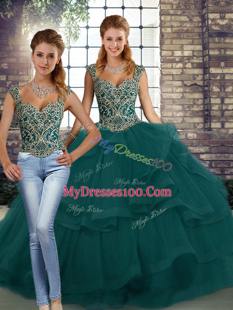 Noble Straps Sleeveless Lace Up Quinceanera Dress Peacock Green Tulle