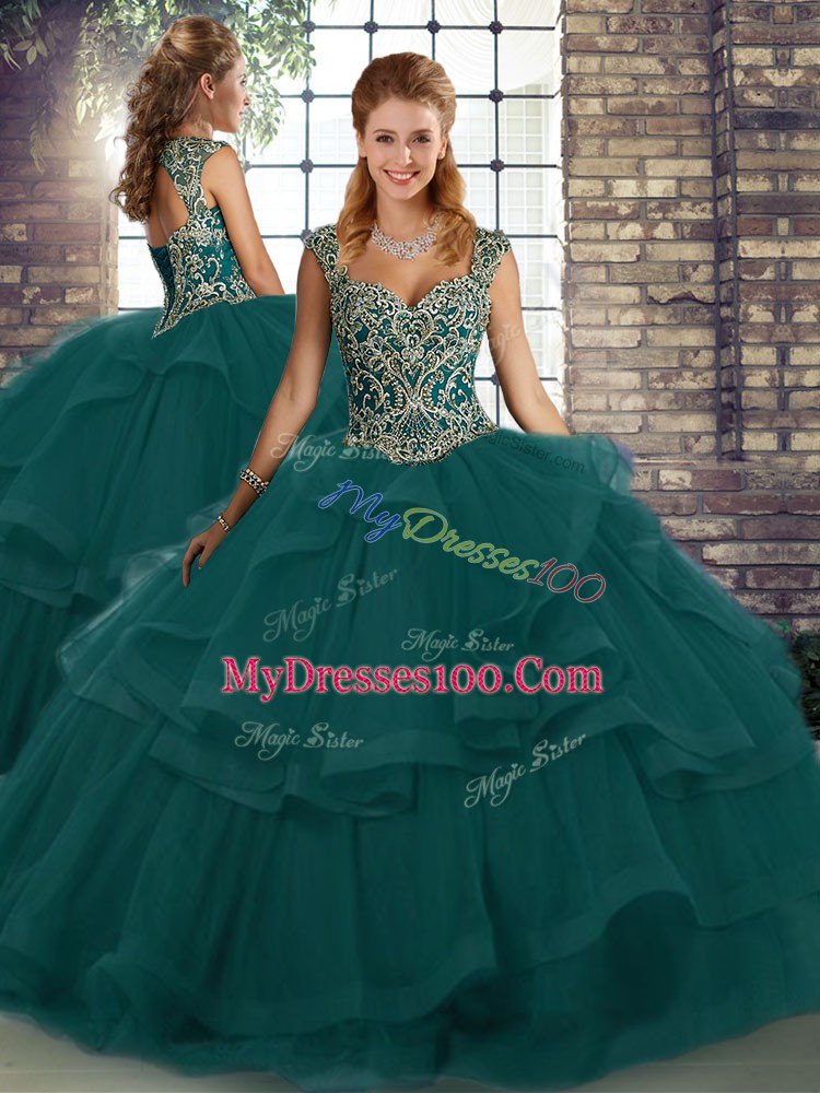 Noble Straps Sleeveless Lace Up Quinceanera Dress Peacock Green Tulle