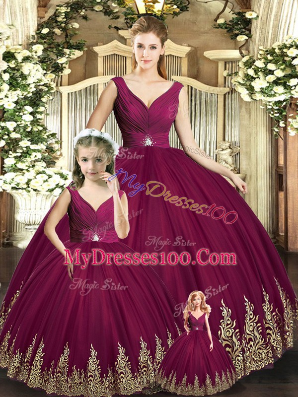 Floor Length Burgundy Vestidos de Quinceanera V-neck Sleeveless Backless