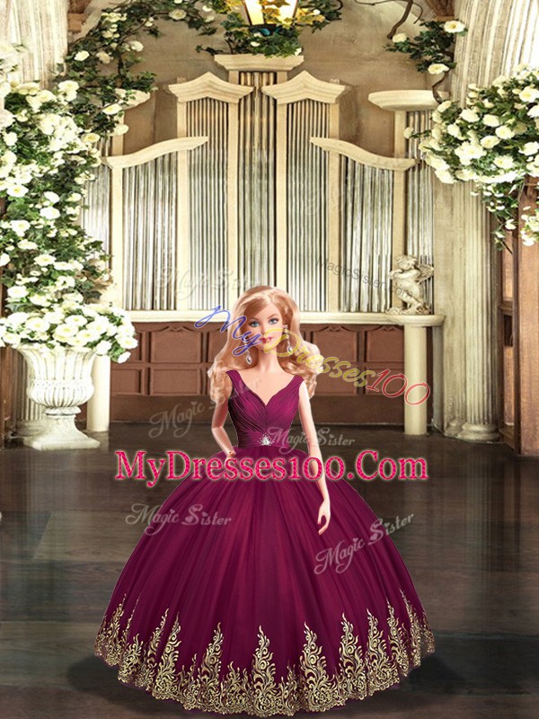 Floor Length Burgundy Vestidos de Quinceanera V-neck Sleeveless Backless