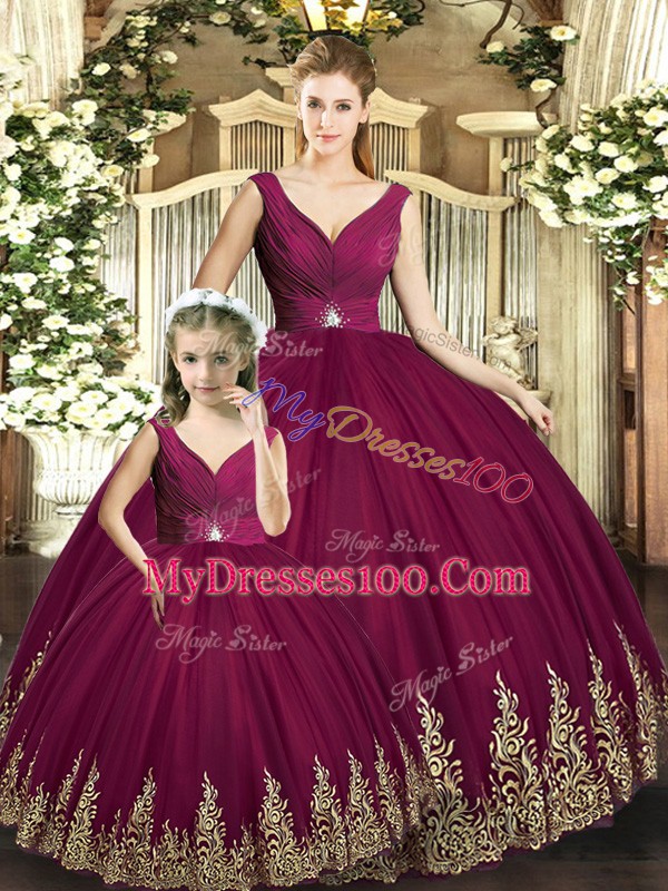 Floor Length Burgundy Vestidos de Quinceanera V-neck Sleeveless Backless