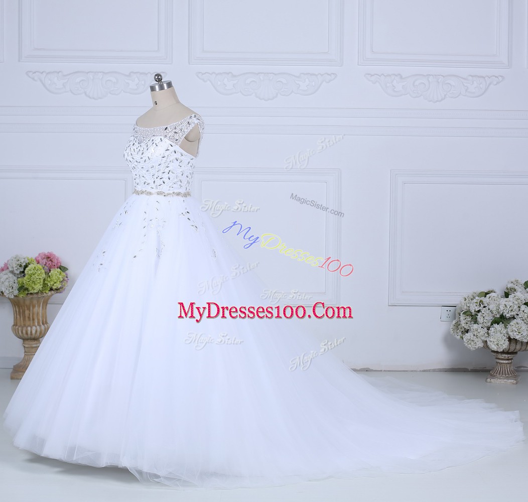 White Sleeveless Beading Lace Up Bridal Gown