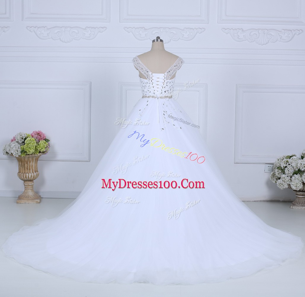 White Sleeveless Beading Lace Up Bridal Gown