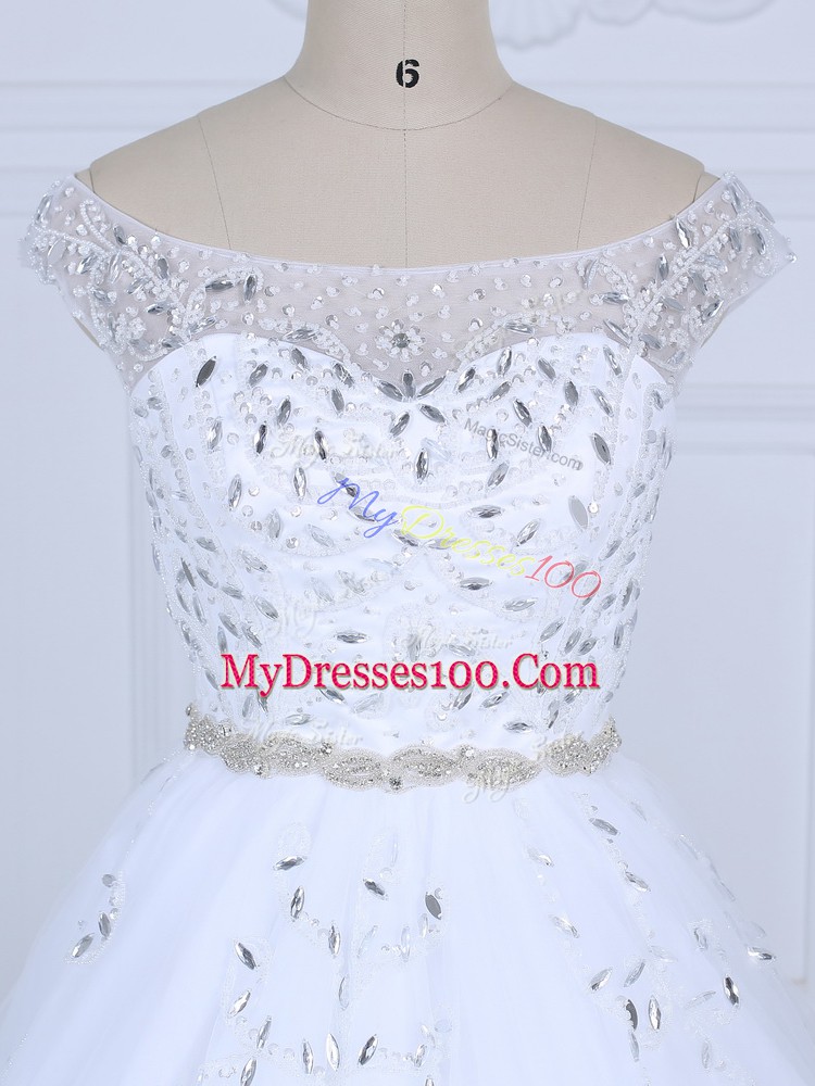 White Sleeveless Beading Lace Up Bridal Gown