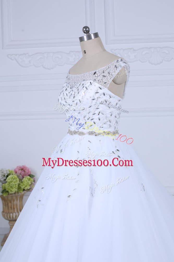 White Sleeveless Beading Lace Up Bridal Gown