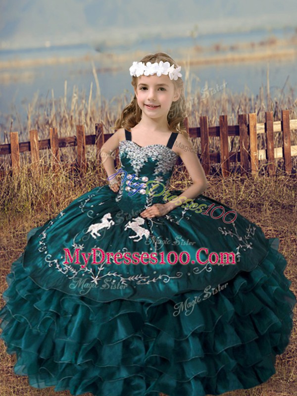 Sleeveless Embroidery and Ruffled Layers Lace Up Little Girls Pageant Dress