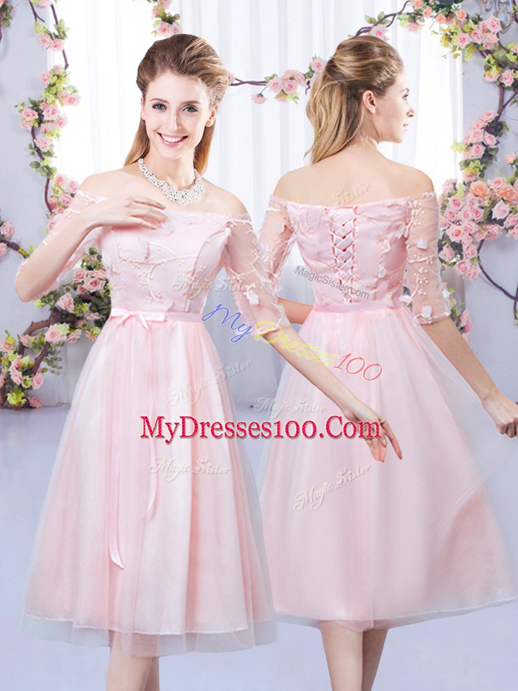 Nice Off The Shoulder Half Sleeves Tulle Bridesmaid Gown Lace and Belt Lace Up