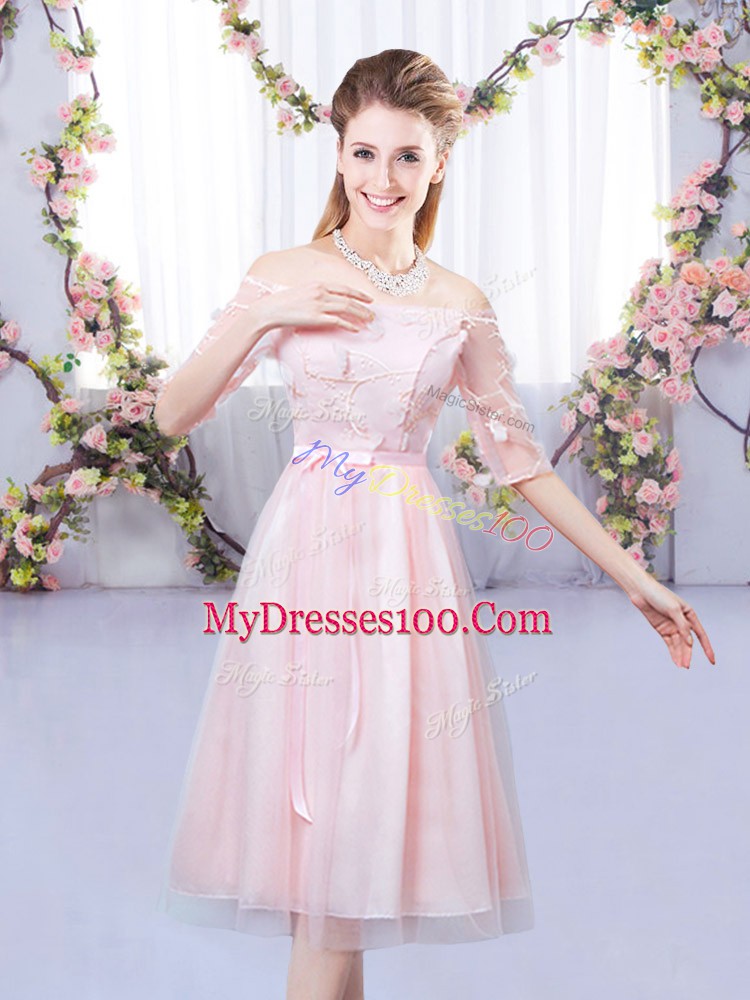 Nice Off The Shoulder Half Sleeves Tulle Bridesmaid Gown Lace and Belt Lace Up