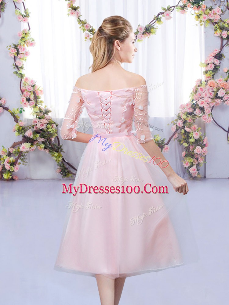 Nice Off The Shoulder Half Sleeves Tulle Bridesmaid Gown Lace and Belt Lace Up