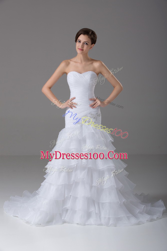 Pretty White Organza Lace Up Wedding Gowns Sleeveless Brush Train Beading and Ruffled Layers