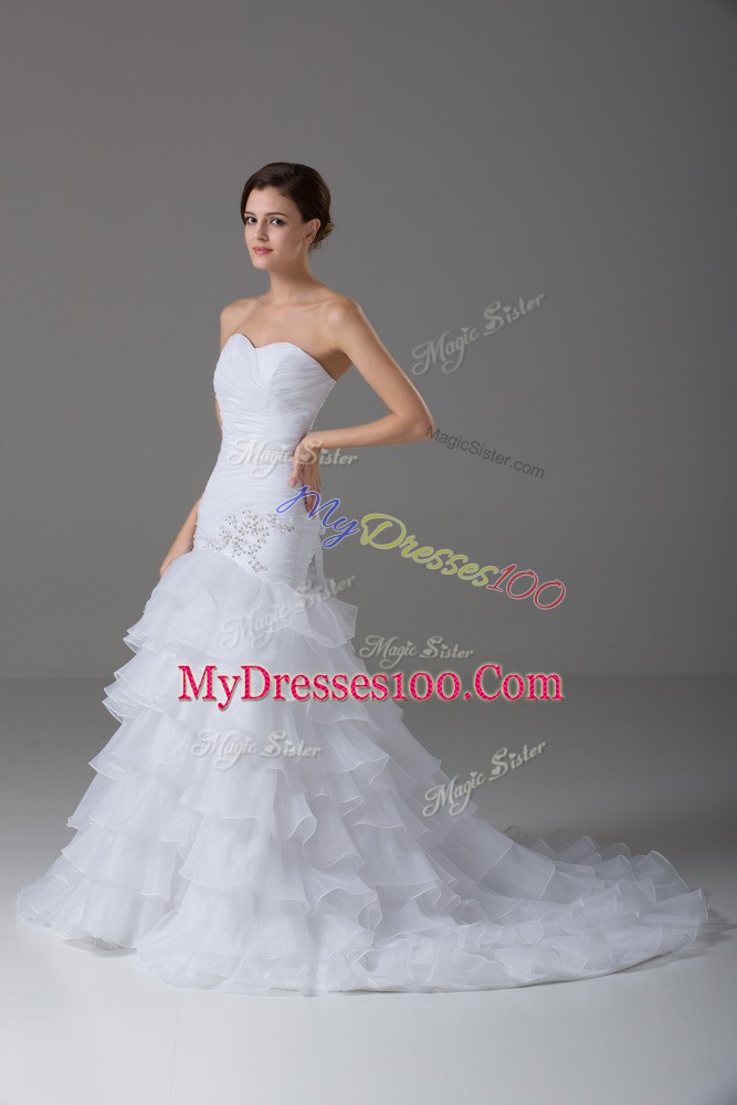 Pretty White Organza Lace Up Wedding Gowns Sleeveless Brush Train Beading and Ruffled Layers