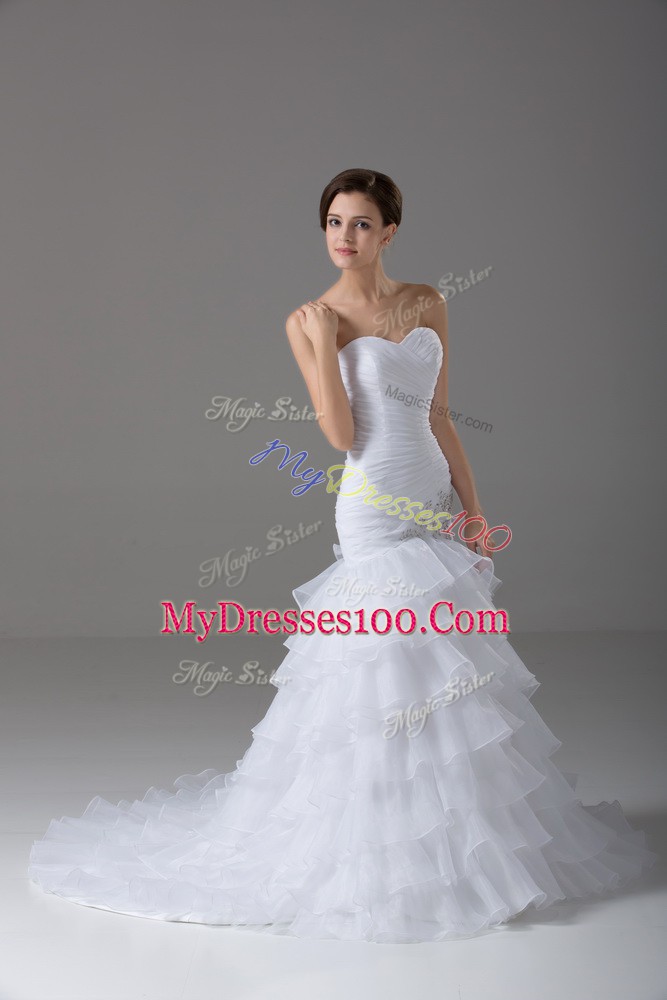 Pretty White Organza Lace Up Wedding Gowns Sleeveless Brush Train Beading and Ruffled Layers