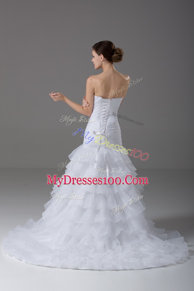 Pretty White Organza Lace Up Wedding Gowns Sleeveless Brush Train Beading and Ruffled Layers