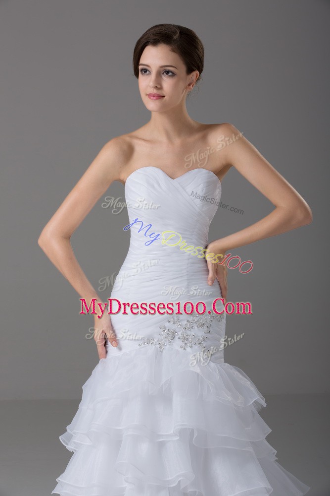 Pretty White Organza Lace Up Wedding Gowns Sleeveless Brush Train Beading and Ruffled Layers