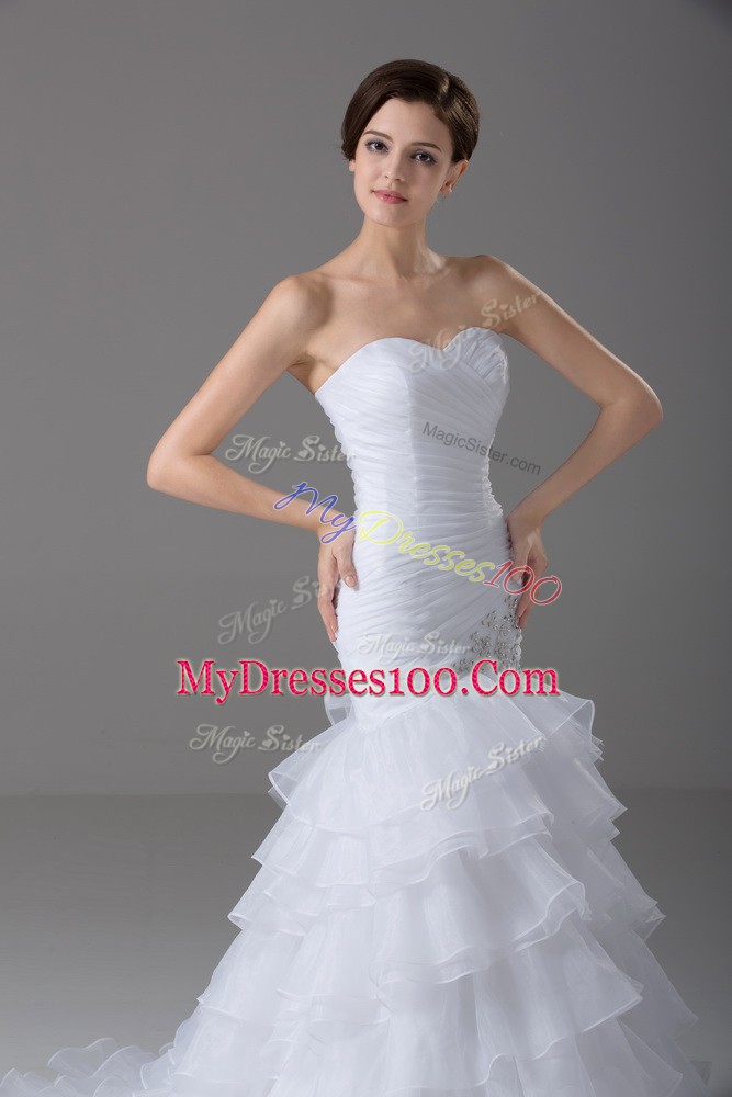 Pretty White Organza Lace Up Wedding Gowns Sleeveless Brush Train Beading and Ruffled Layers