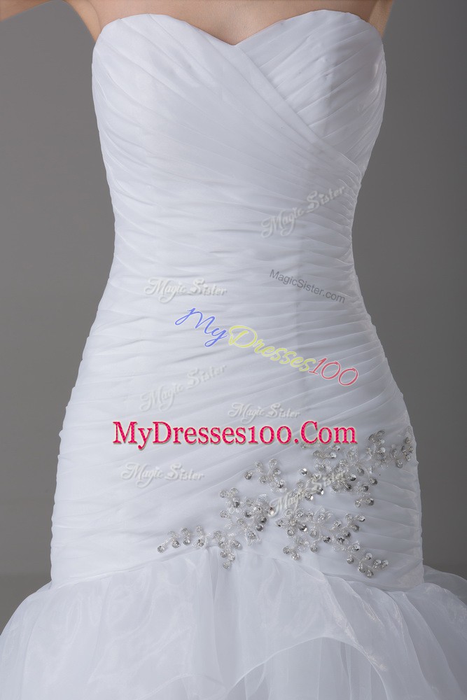 Pretty White Organza Lace Up Wedding Gowns Sleeveless Brush Train Beading and Ruffled Layers