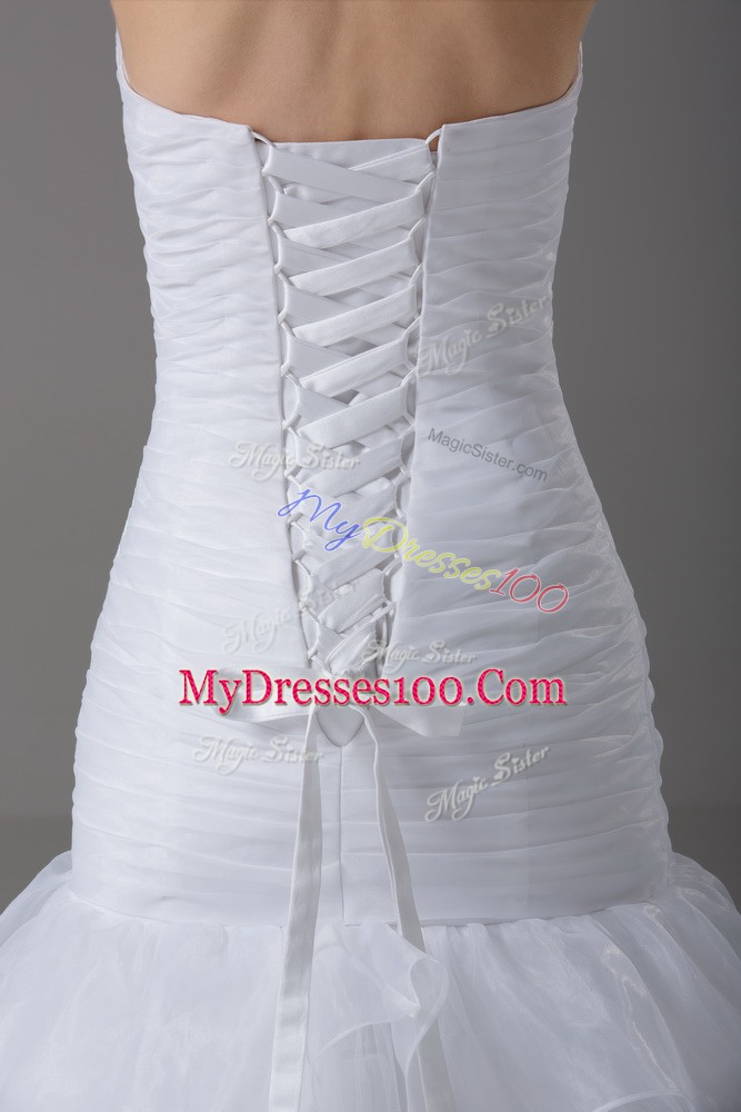 Pretty White Organza Lace Up Wedding Gowns Sleeveless Brush Train Beading and Ruffled Layers