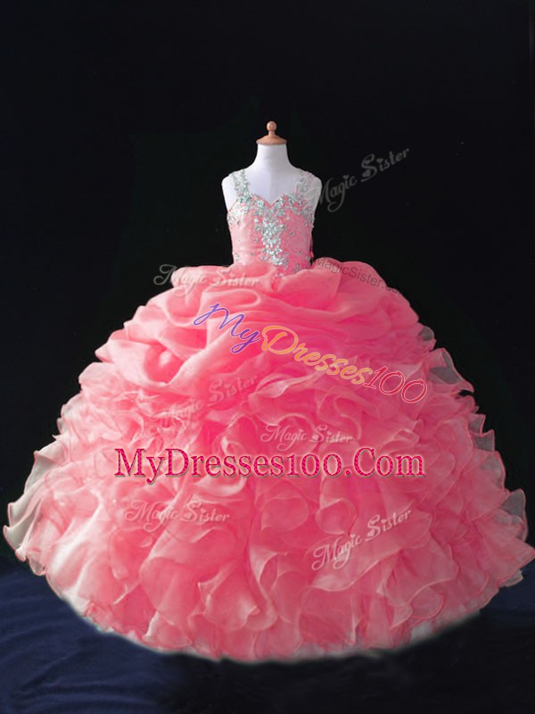 New Style Beading and Ruffles and Pick Ups Kids Pageant Dress Coral Red Zipper Sleeveless Floor Length
