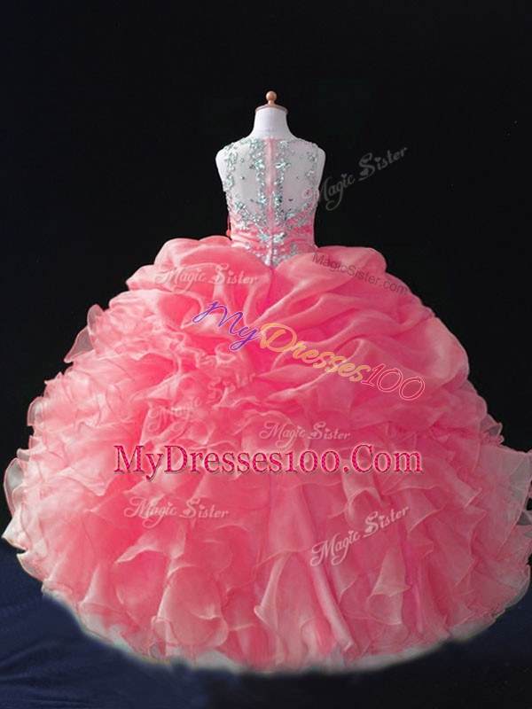 New Style Beading and Ruffles and Pick Ups Kids Pageant Dress Coral Red Zipper Sleeveless Floor Length