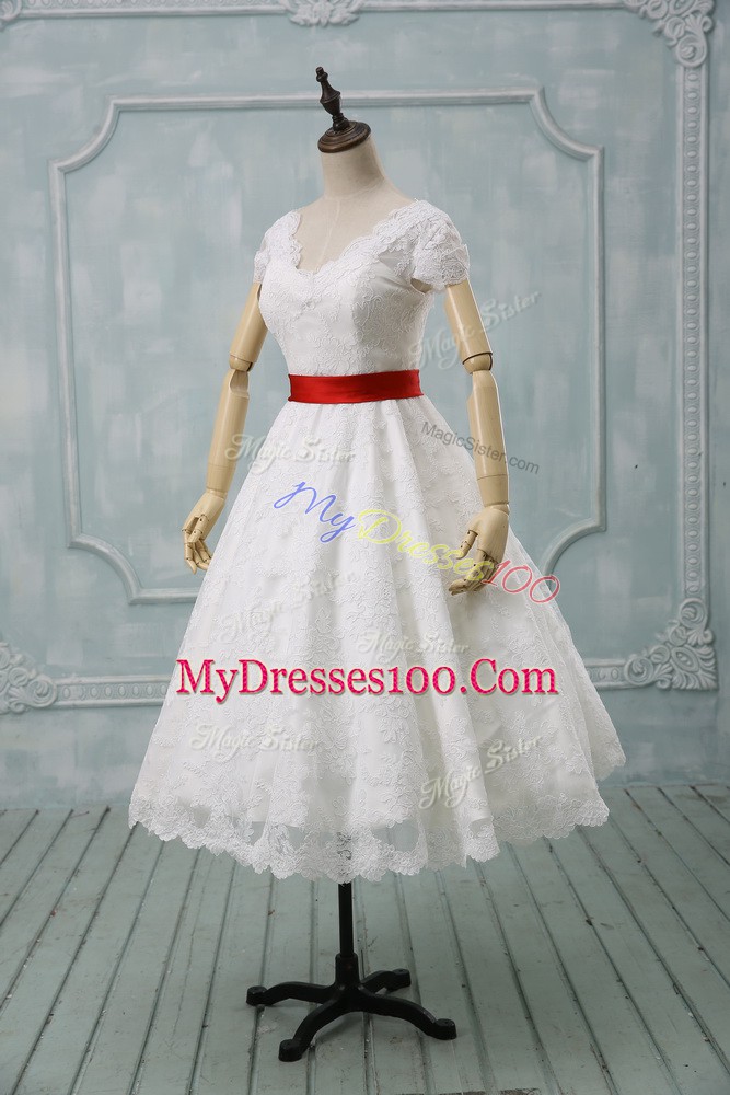 V-neck Short Sleeves Lace Wedding Dresses Lace and Belt Zipper