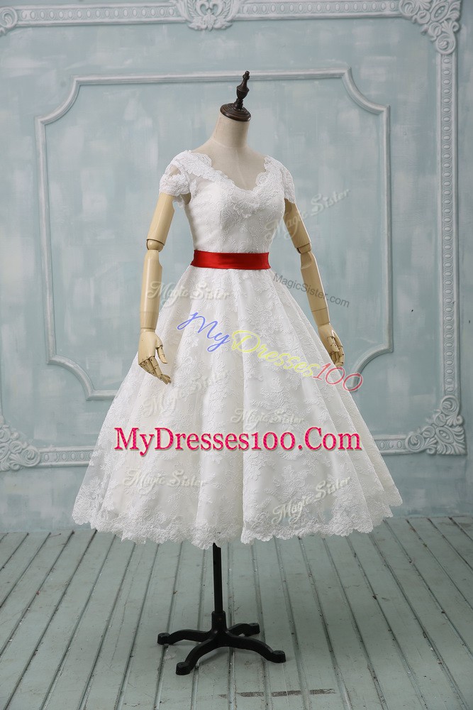 V-neck Short Sleeves Lace Wedding Dresses Lace and Belt Zipper