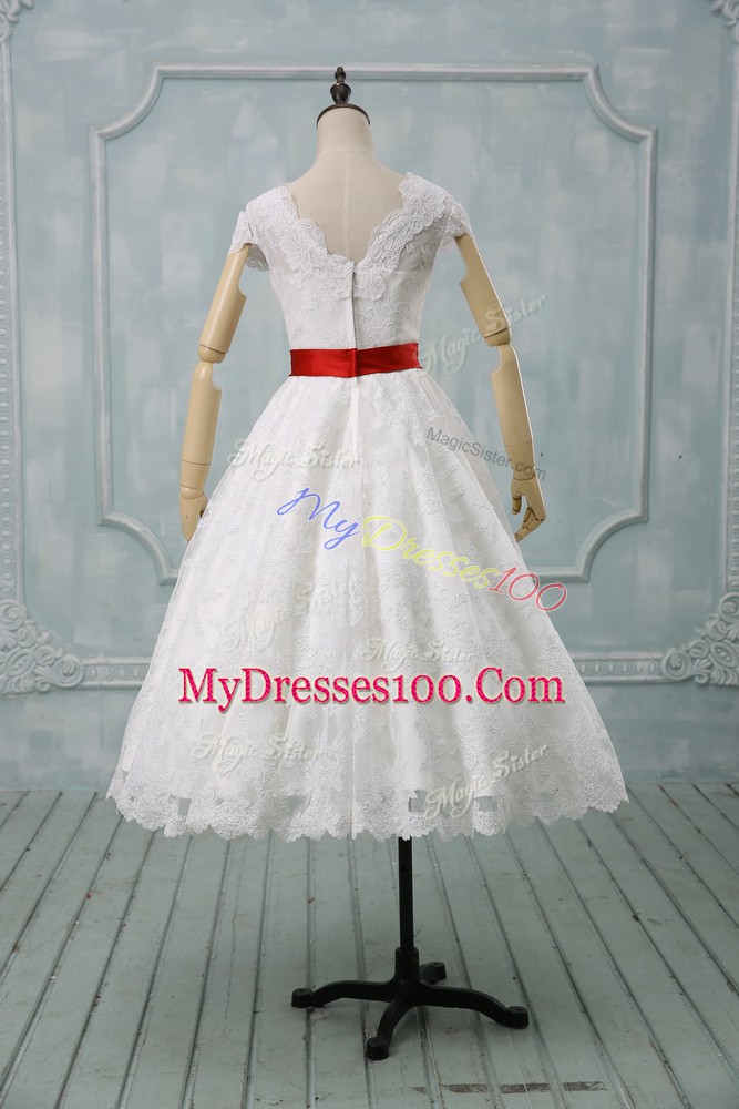 V-neck Short Sleeves Lace Wedding Dresses Lace and Belt Zipper