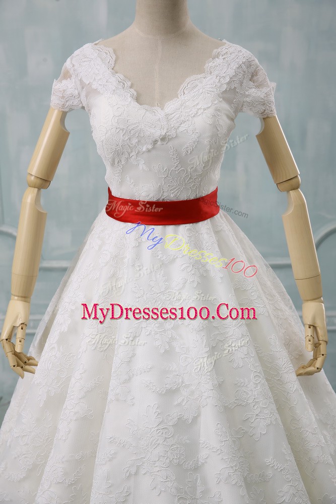 V-neck Short Sleeves Lace Wedding Dresses Lace and Belt Zipper