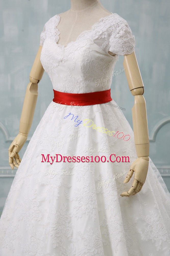 V-neck Short Sleeves Lace Wedding Dresses Lace and Belt Zipper