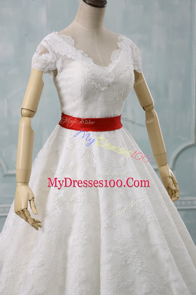 V-neck Short Sleeves Lace Wedding Dresses Lace and Belt Zipper