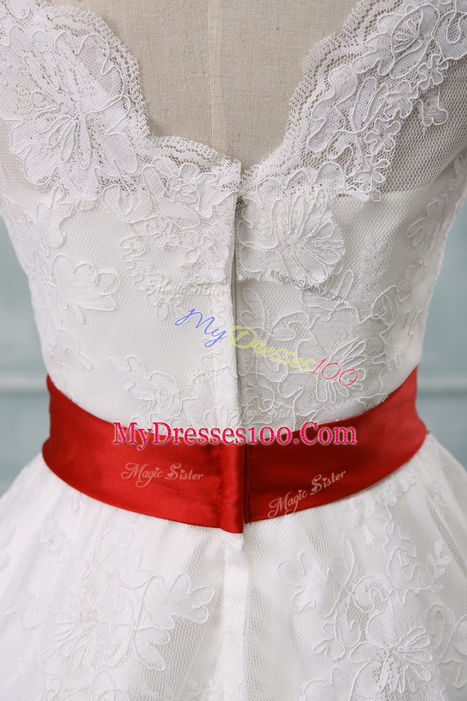 V-neck Short Sleeves Lace Wedding Dresses Lace and Belt Zipper