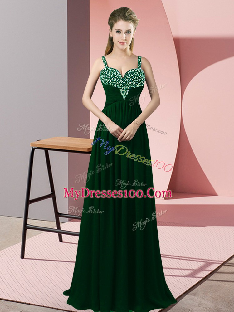 Chiffon Straps Sleeveless Zipper Beading Juniors Party Dress in Dark Green