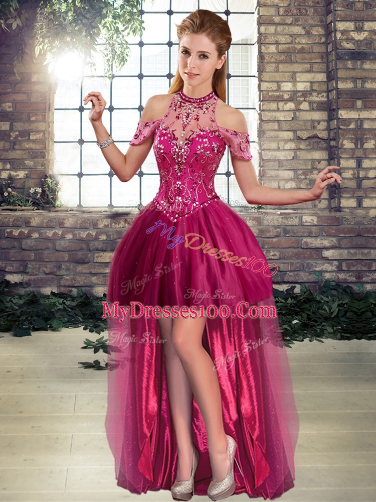 High Low A-line Sleeveless Fuchsia Homecoming Dress Lace Up