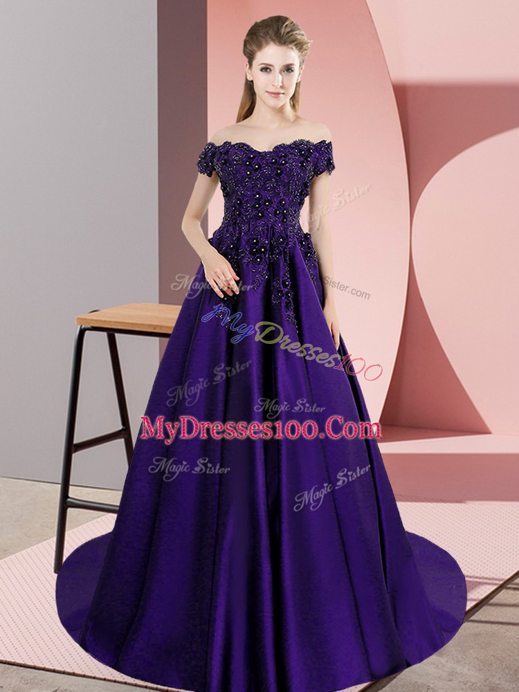 Classical Off The Shoulder Sleeveless Court Train Zipper Quinceanera Gowns Purple Satin