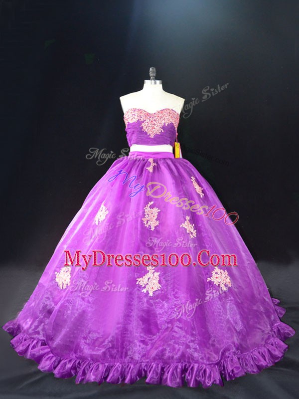 Artistic Purple Quinceanera Gown Sweet 16 and Quinceanera with Appliques Sweetheart Sleeveless Brush Train Zipper