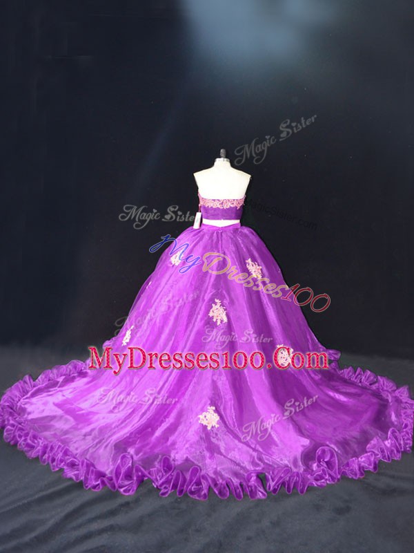 Artistic Purple Quinceanera Gown Sweet 16 and Quinceanera with Appliques Sweetheart Sleeveless Brush Train Zipper