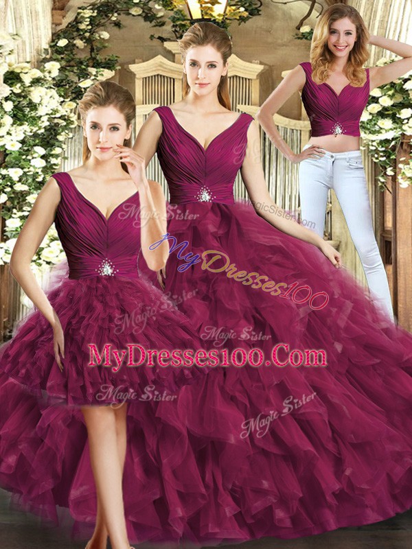 Fine Sleeveless Floor Length Beading and Ruffles Backless Quinceanera Dresses with Burgundy